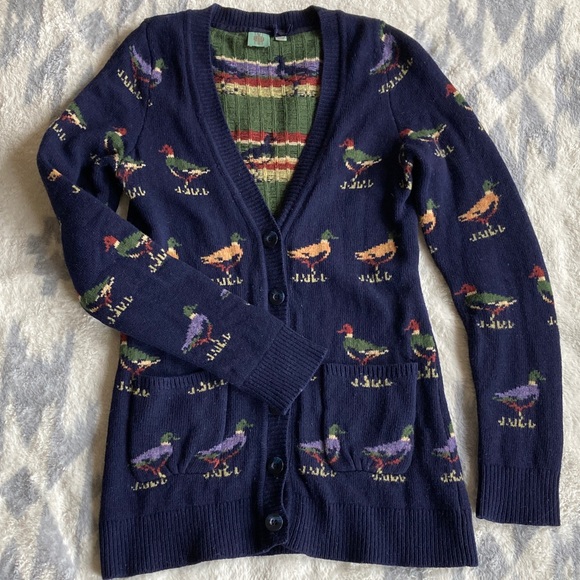 Anthropologie HWR Wool Cardigan Sweater Mallard Duck Print Size M - Picture 15 of 16